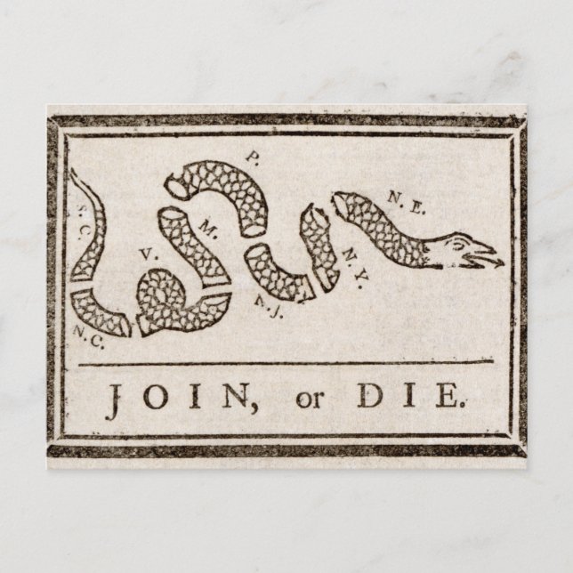 Join or Die Rattlesnake: Cartoon Benjamin Franklin Postcard (Front)