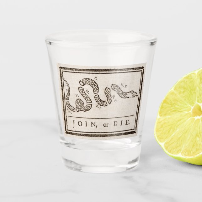 Join or Die Rattlesnake: Cartoon Benjamin Franklin Shot Glass (Front)