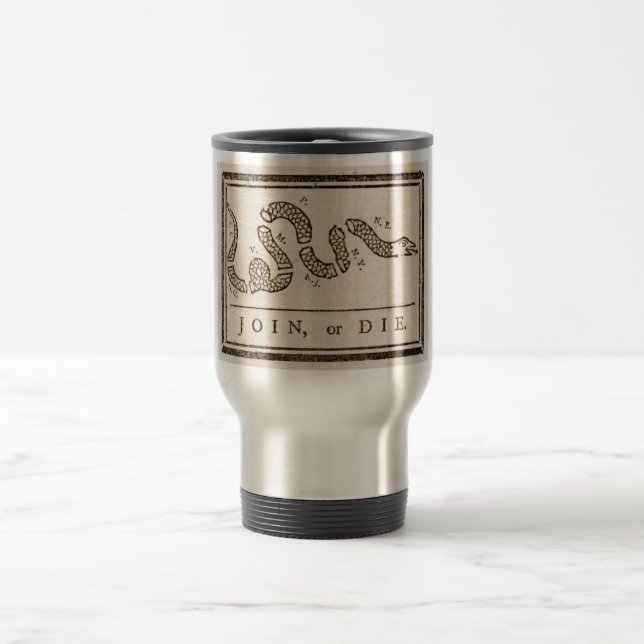 Join or Die Rattlesnake: Cartoon Benjamin Franklin Travel Mug (Center)