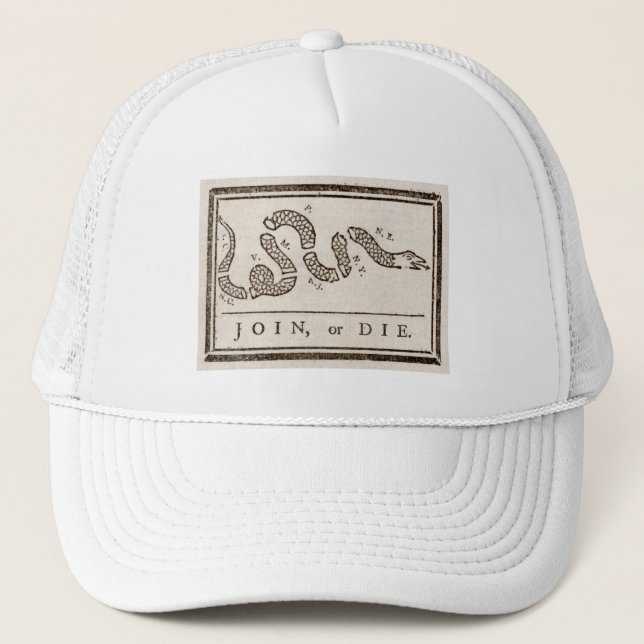 Join or Die Rattlesnake: Cartoon Benjamin Franklin Trucker Hat (Front)