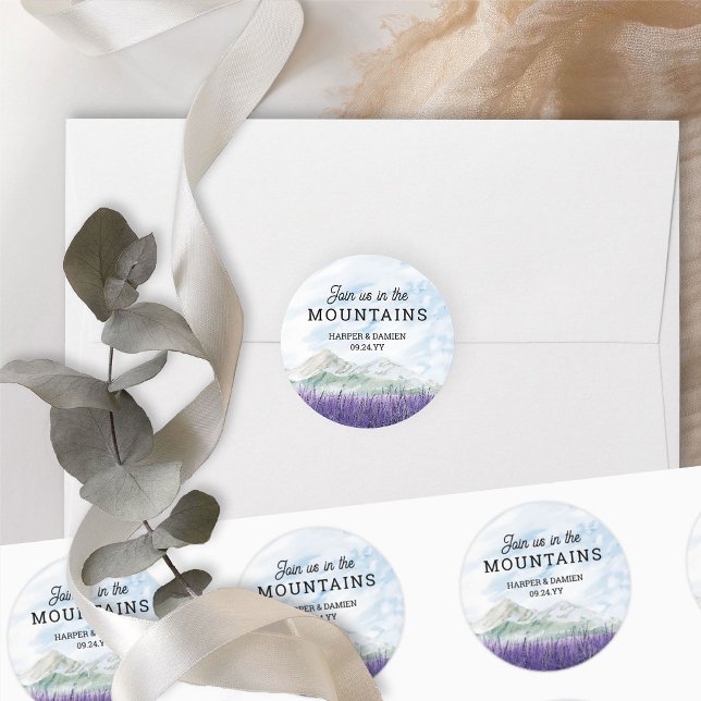 Join us in the Mountains Lavender Valley Wedding Classic Round Sticker (Join us in the Mountain wedding stickers from my Mountain Lavender Wedding Collection)