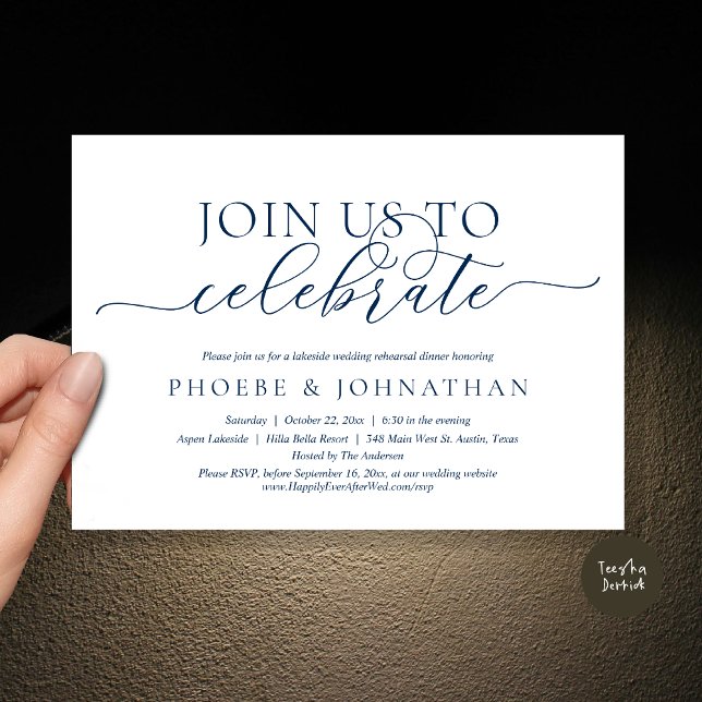 Join Us To Celebrate, Wedding Rehearsal Dinner Inv Invitation (Join Us To Celebrate, Romantic Wedding Rehearsal Dinner Invitation Card, PDF, in Navy Blue)