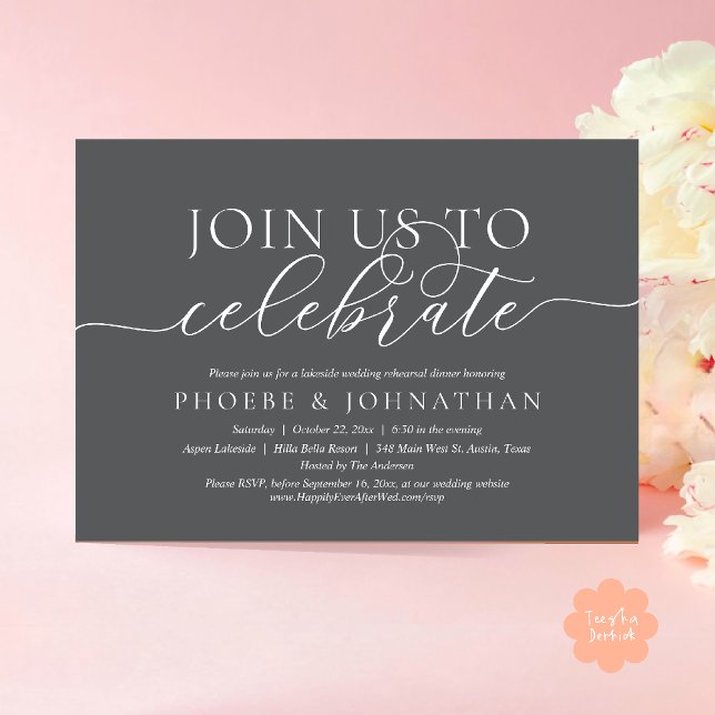 Join Us To Celebrate, Wedding Rehearsal Dinner Invitation (Join Us To Celebrate, Modern Classy Wedding Rehearsal Dinner Invitation card in dark grey)