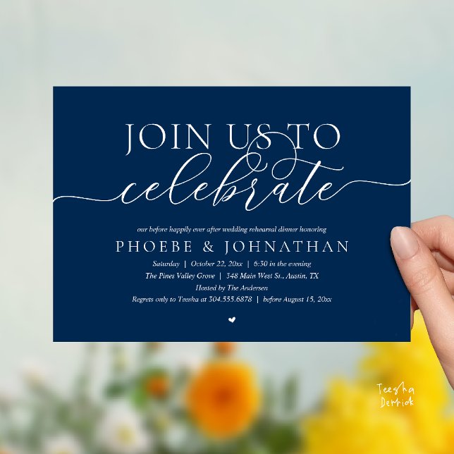 Join Us To Celebrate, Wedding Rehearsal Dinner Invitation (Join Us To Celebrate, Wedding Rehearsal Dinner Invitation card in navy blue)
