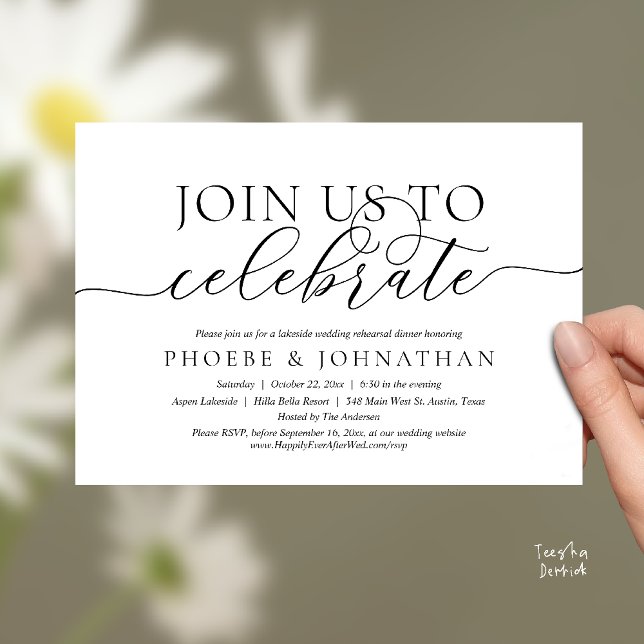 Join Us To Celebrate, Wedding Rehearsal Dinner Invitation (Join Us To Celebrate, Modern Classy Wedding Rehearsal Dinner Invitation card in black and white)