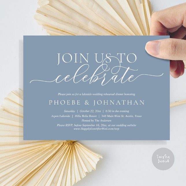 Join Us To Celebrate, Wedding Rehearsal Dinner Invitation (Join Us To Celebrate, Romantic Wedding Rehearsal Dinner Invitation Card, PDF, in Dusty Blue)