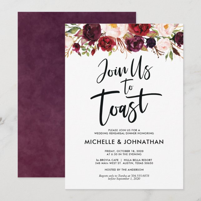 Join us to toast, Wedding Rehearsal Dinner Invites (Front/Back)