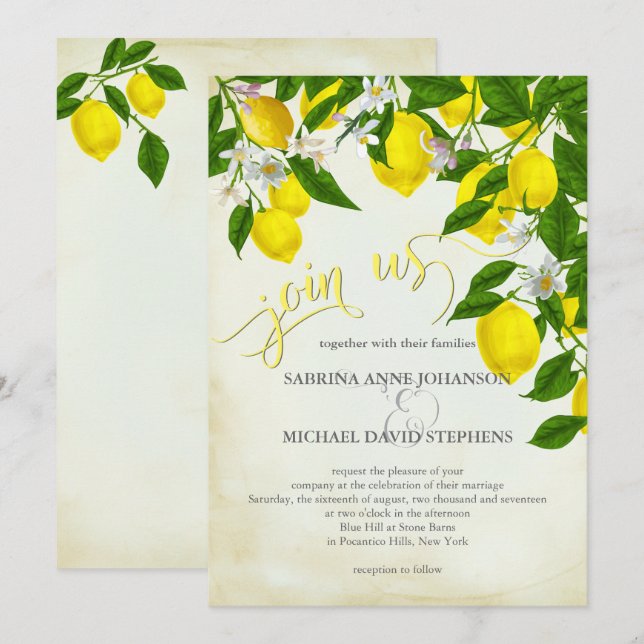 Join Us Watercolor Lemons and Greenery Wedding Invitation (Front/Back)