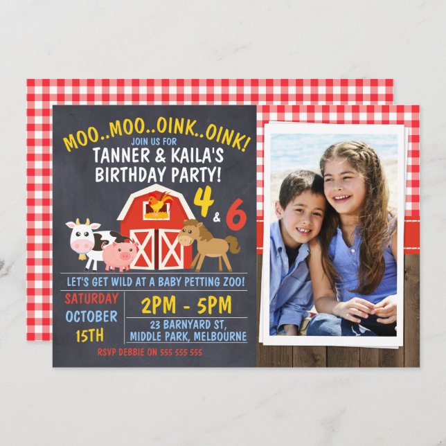 Joint Barnyard Chalkboard Birthday Invitation (Front/Back)