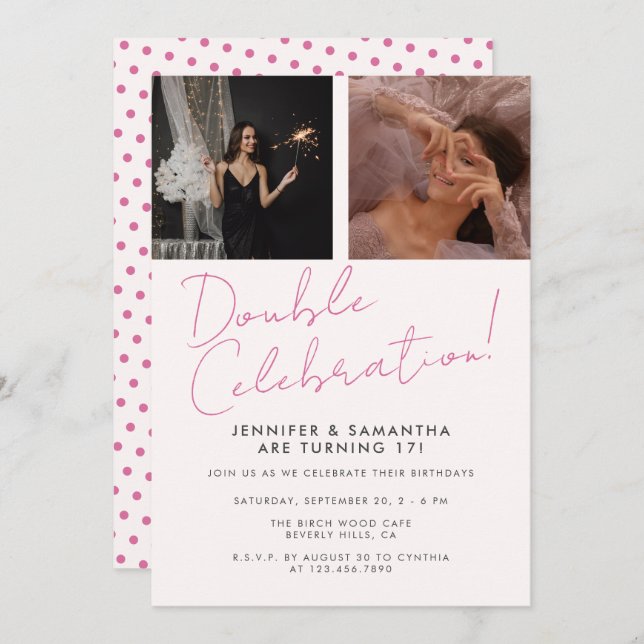 Joint Birthday Double Celebration Pink Girly Photo Invitation (Front/Back)