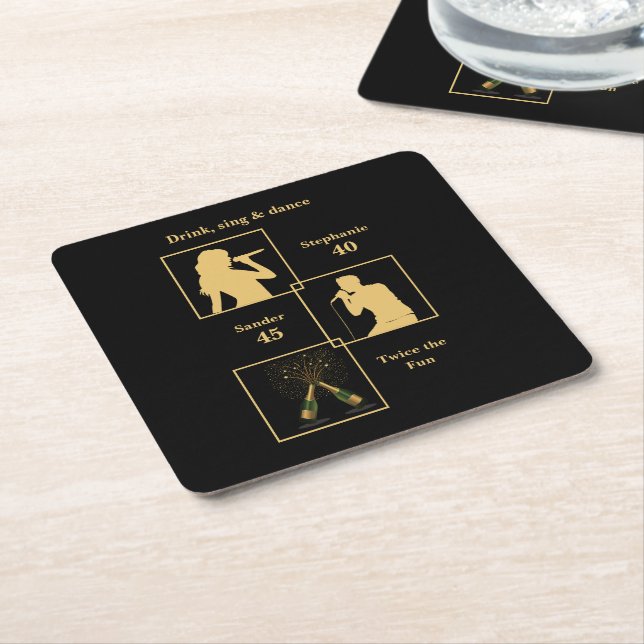 Joint Birthday Double the Fun Black Gold Square Paper Coaster (Angled)