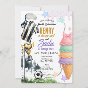 Joint Birthday, Game Time, Soccer, Ice cream Invitation