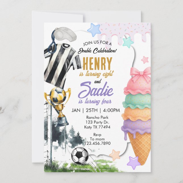 Joint Birthday, Game Time, Soccer, Ice cream Invitation (Front)