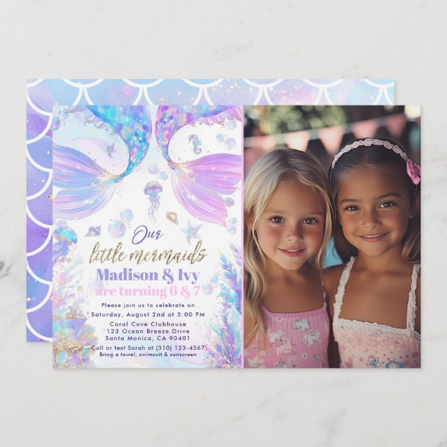 Joint Birthday Mermaid Photo Birthday Invitation (Front/Back)