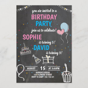 Joint Birthday Party Boy & Girl Chalkboard Cute Invitation