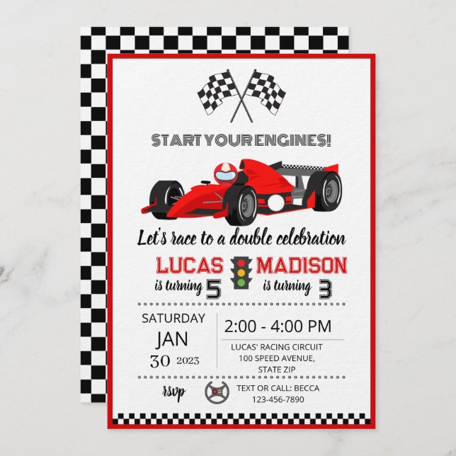 joint birthday party for siblings race car  invitation (Front/Back)