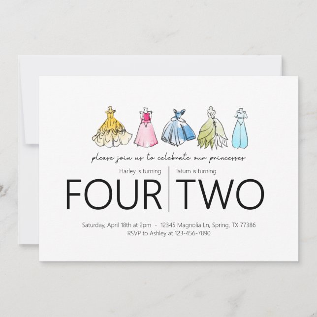 Joint Birthday Party - Princess Dresses Theme Invitation (Front)