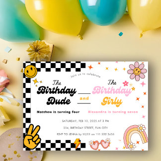 Joint Birthday Sibling Groovy Double Celebration  Invitation