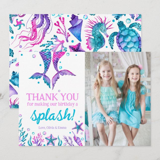 Joint Birthday Sisters Mermaid Thank You Card (Front/Back)