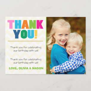 Joint birthday Thank you card Twins Rainbow colour