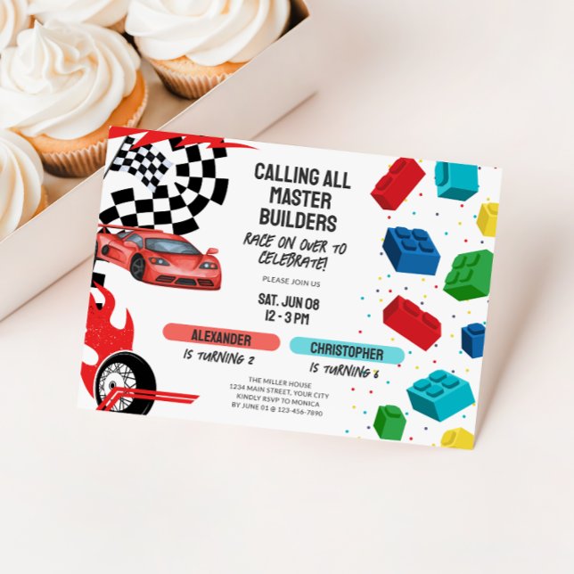 Joint Building Blocks & Race Cars Sibling Birthday Invitation (Dual Kids Birthday Invite - Race Cars and Building Blocks)