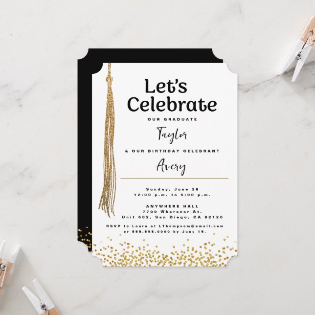 Joint Celebration Graduation & Birthday Gold Black Invitation (Front/Back In Situ)