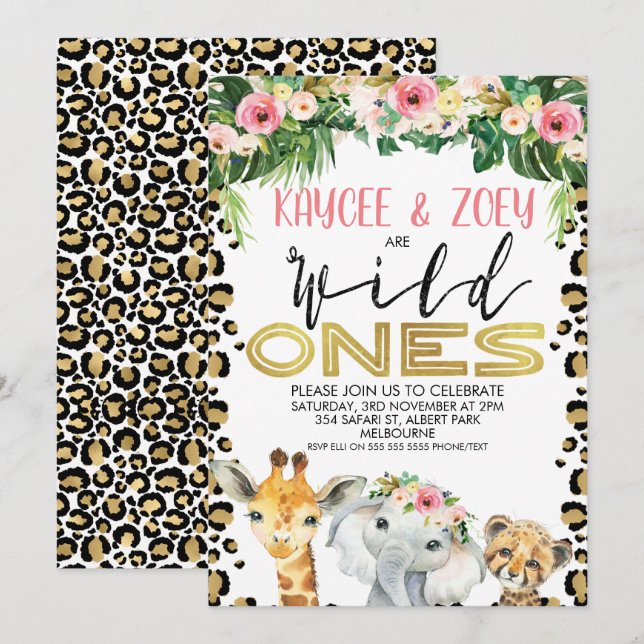 Joint Cheetah Floral Wild Ones Birthday Invitation (Front/Back)