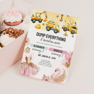 Joint Construction & Ballerina Sibling Birthday Invitation