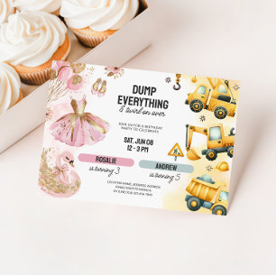 Joint Construction & Ballerina Sibling Birthday Invitation