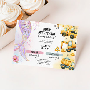 Joint Construction & Mermaid Sibling Birthday Invitation