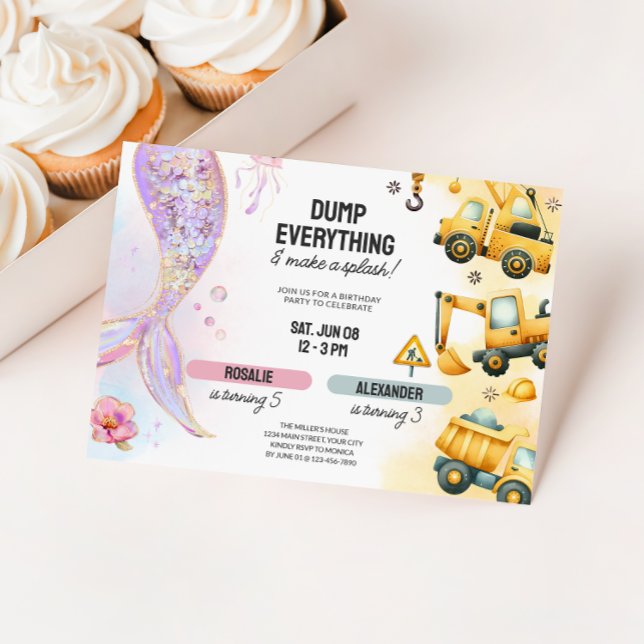 Joint Construction & Mermaid Sibling Birthday Invitation (Kids Joint Birthday Invite - Mermaid & Construction)