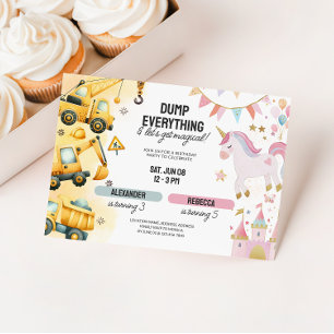 Joint Construction & Unicorn Sibling Birthday Invitation