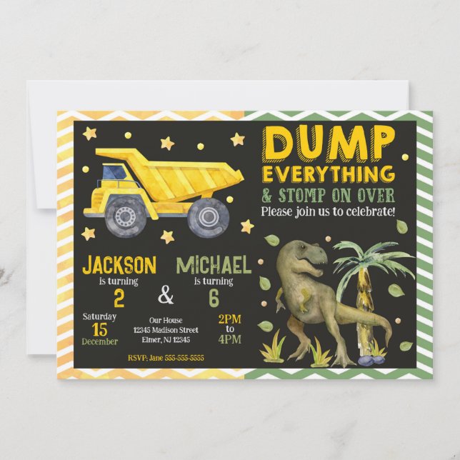 Joint Dinosaur and Construction Siblings Birthday Invitation (Front)