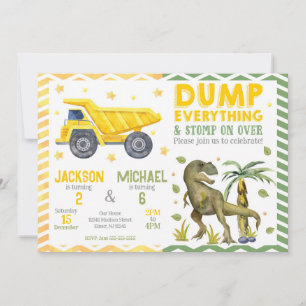 Joint Dinosaur and Construction Siblings Birthday Invitation