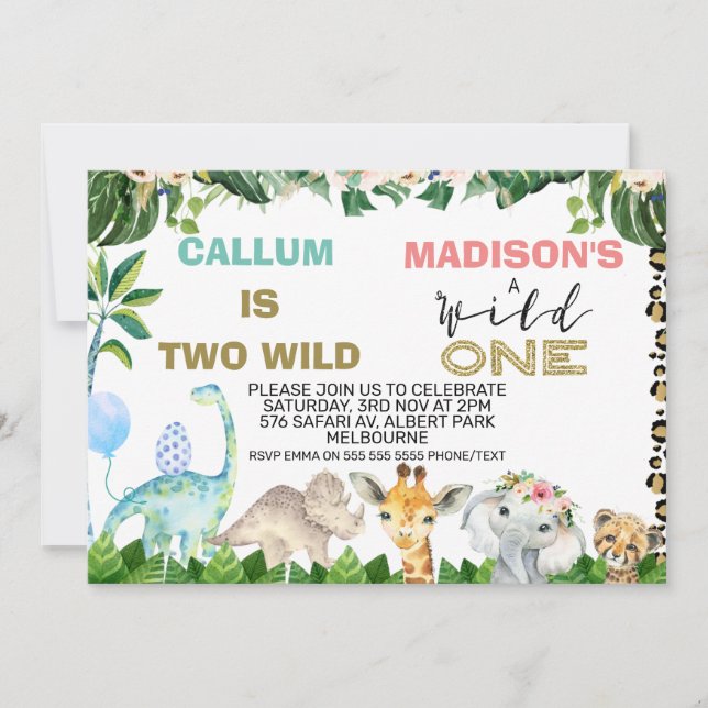 Joint Dinosaur And Safari Animals Birthday Invitation (Front)