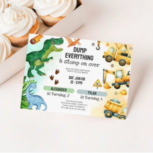 Joint Dinosaur & Construction Sibling Birthday Invitation