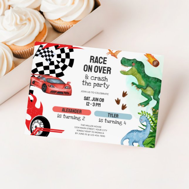 Joint Dinosaur & Race Cars Sibling Birthday Invitation (Dual Kids Birthday Party Invite - Race Cars & Dinosaurs)