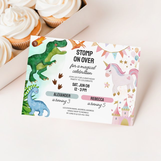 Joint Dinosaur & Unicorn Boy Girl Birthday Invitation (Joint Dinosaur Unicorn Kids Birthday Invitation)