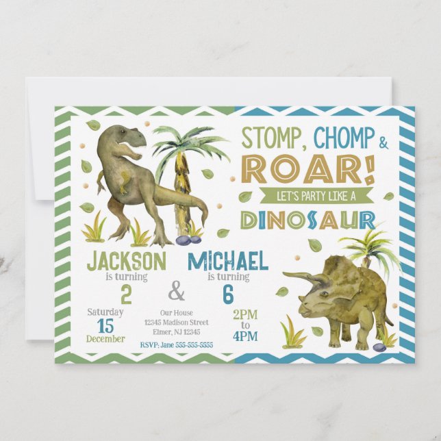 Joint Dinosaurs Siblings Birthday Invitation (Front)