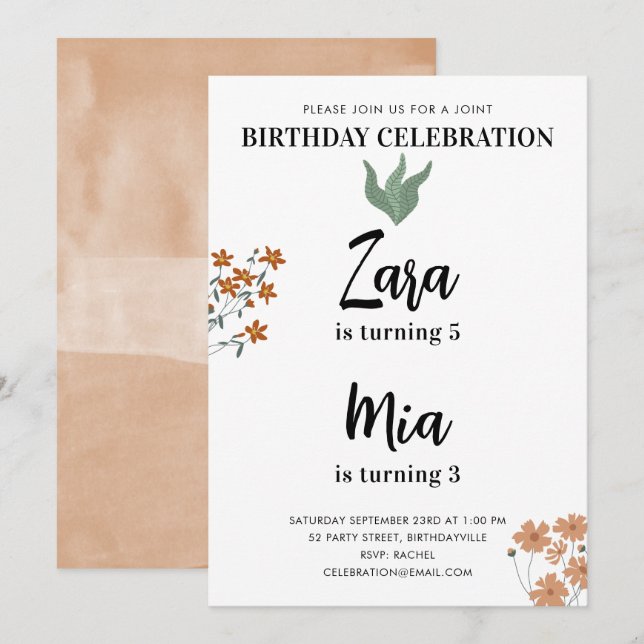 Joint Double Birthday Party Watercolor Boho Floral Invitation (Front/Back)