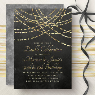 Joint Double String Lights Black Gold Birthday Invitation