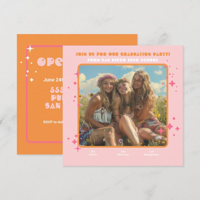 Joint Hippie Photo Graduation Party 3 person Invitation (Front/Back)