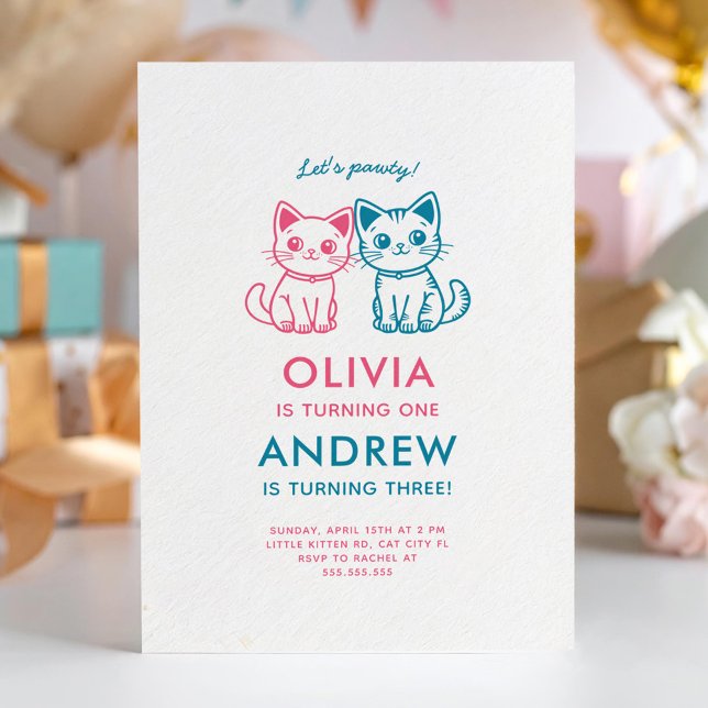 Joint kids birthday with custom colours kittens invitation (Creator Uploaded)