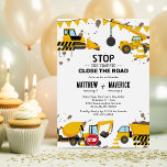 Joint Kids Construction Theme Birthday Party Invitation<br><div class="desc">Get ready to dig into the perfect birthday experience! Unearth a dynamic dual celebration with our construction-themed birthday invitations, beautifully adorned with illustrations of bunting, stop signs, and an array of construction vehicles. Framed against a pristine white background, our easy-to-personalise template makes room for splatters of dirt and a nod...</div>