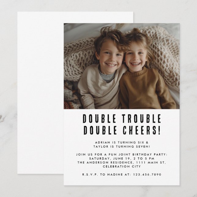 Joint Kids Siblings Birthday Party Modern Photo Invitation (Front/Back)