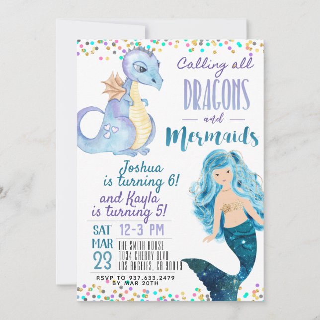 Joint Mermaid Dinosaur Birthday Invitation (Front)