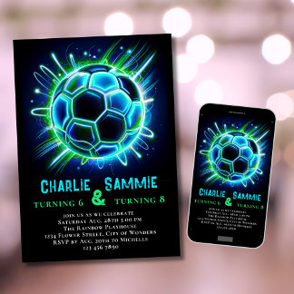 Joint Neon Soccer Birthday Invitation Boys Dual 