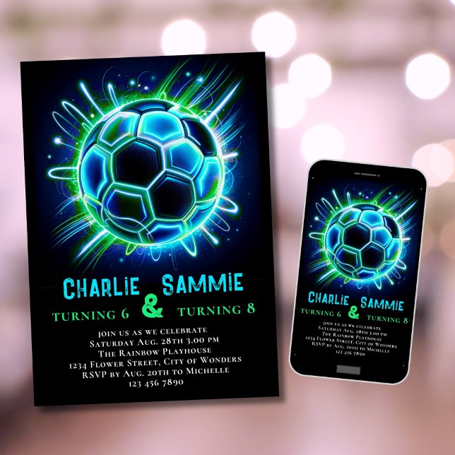 Joint Neon Soccer Birthday Invitation Boys Dual  (Creator Uploaded)