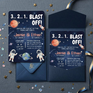 Joint Outer Space Blast Off Sibling birthday Invitation