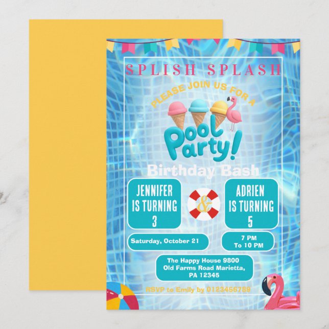 Joint Pool Party for Kids | Summer Birthday Bash Invitation (Front/Back)